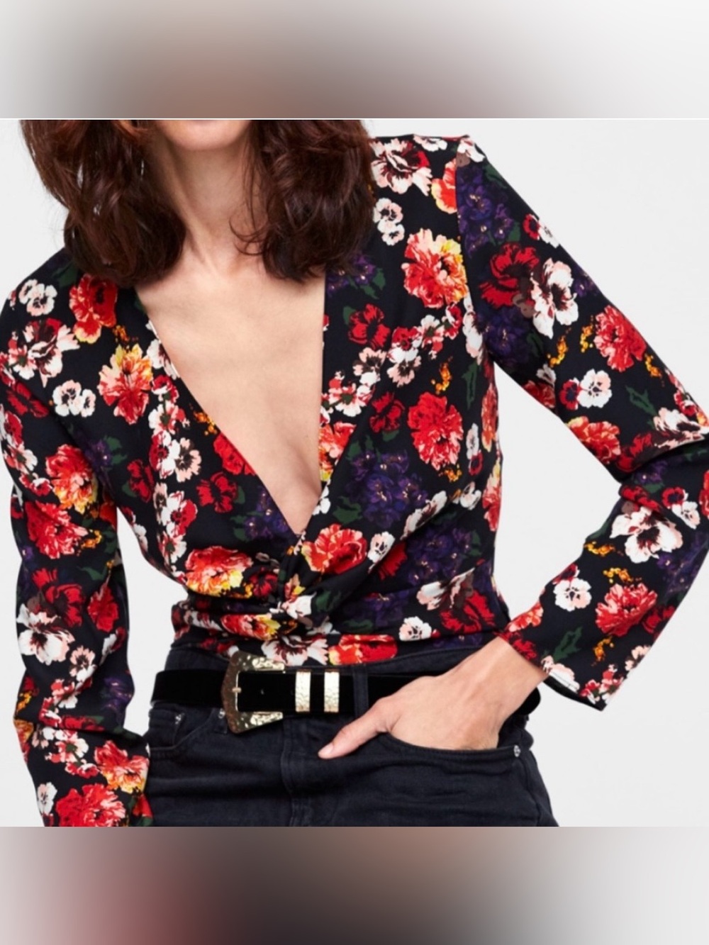 Zara Floral Wrap-Front Long Sleeve Bodysuit